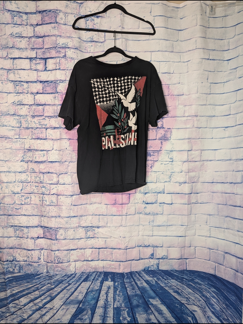 Black Graphic Palestine Tee with Doves